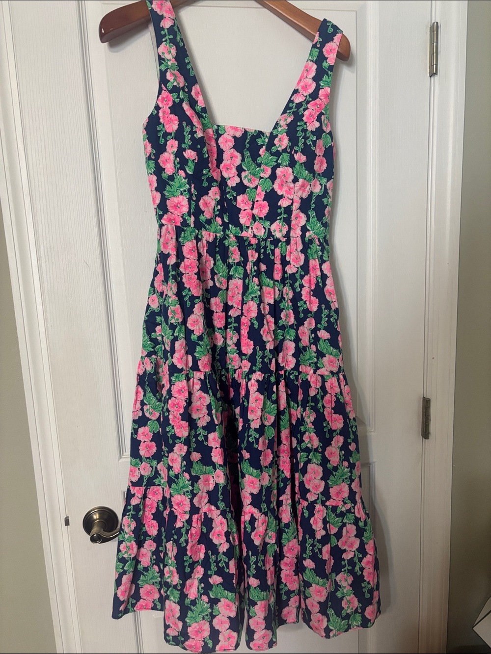 Lilly Pulitzer Navy Dress with Pink Floral Print and Green Leaves